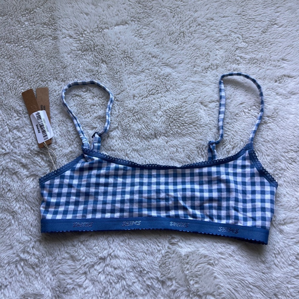 Skims Logo Picot Scoop Bralette Arctic Gingham Blue White Cotton BR-BRL-11450W S